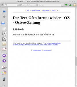 Screenshot des eBook Calibre Reades mit RSS der OZ