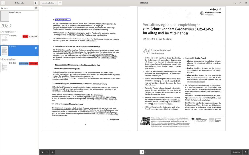 Bildschirmfoto von Paperwork. Zentral ist ein eingescanntes Dokument über Verhaltensregeln zum Schutz vor SARS-CoV-2 als Testbild. Links ist ein zeitlicher Verlauf aller Dokumente zu  sehen.